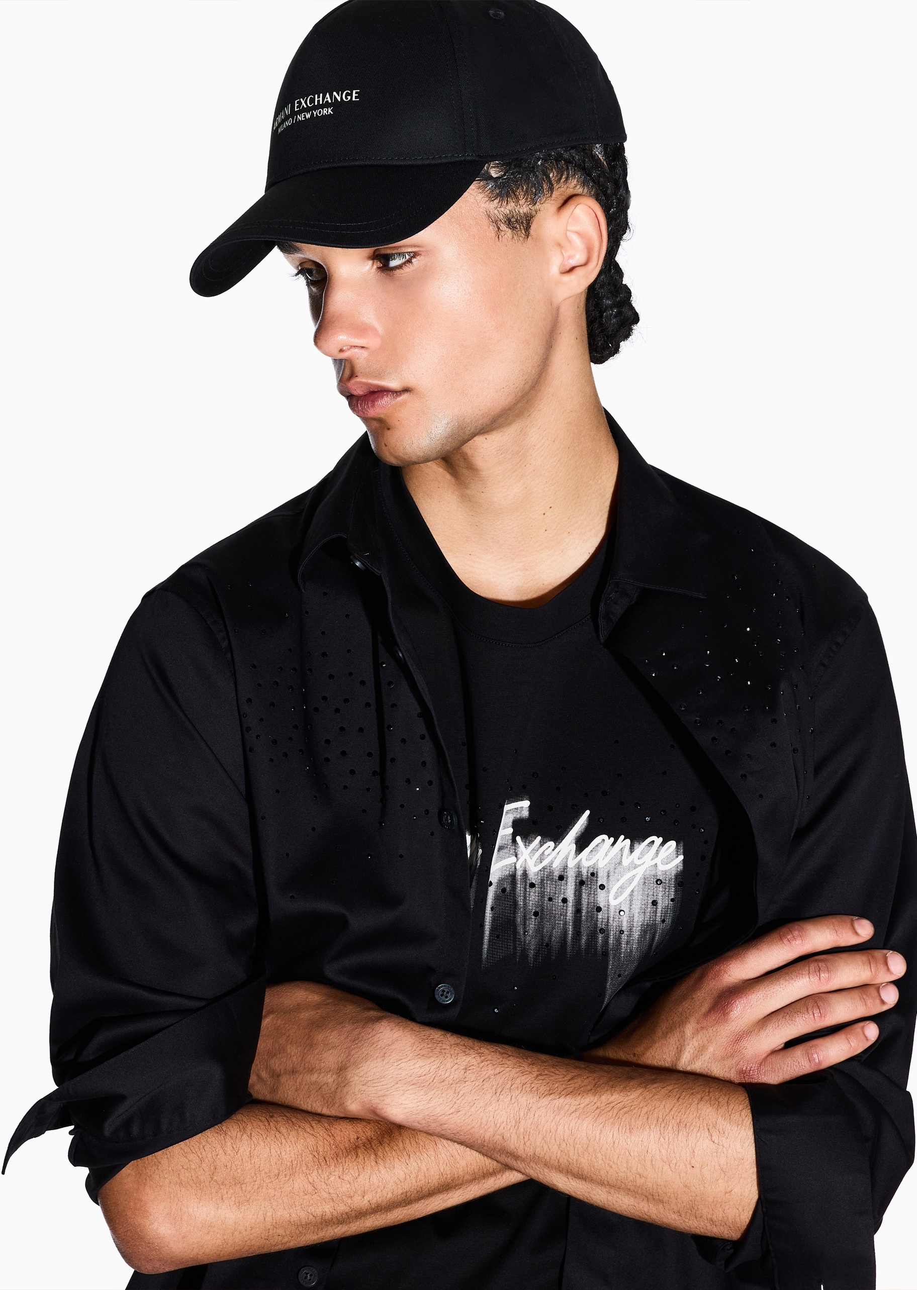 ARMANI EXCHANGE 男士全棉排扣圆顶弯檐标识印花棒球帽