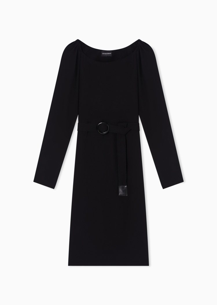 Emporio Armani 女士长袖船领配腰带绉纱优雅连衣裙