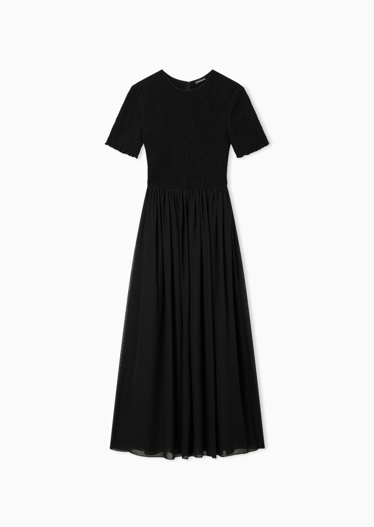 Emporio Armani 女士短袖长款圆领抽褶收腰垂感连衣裙