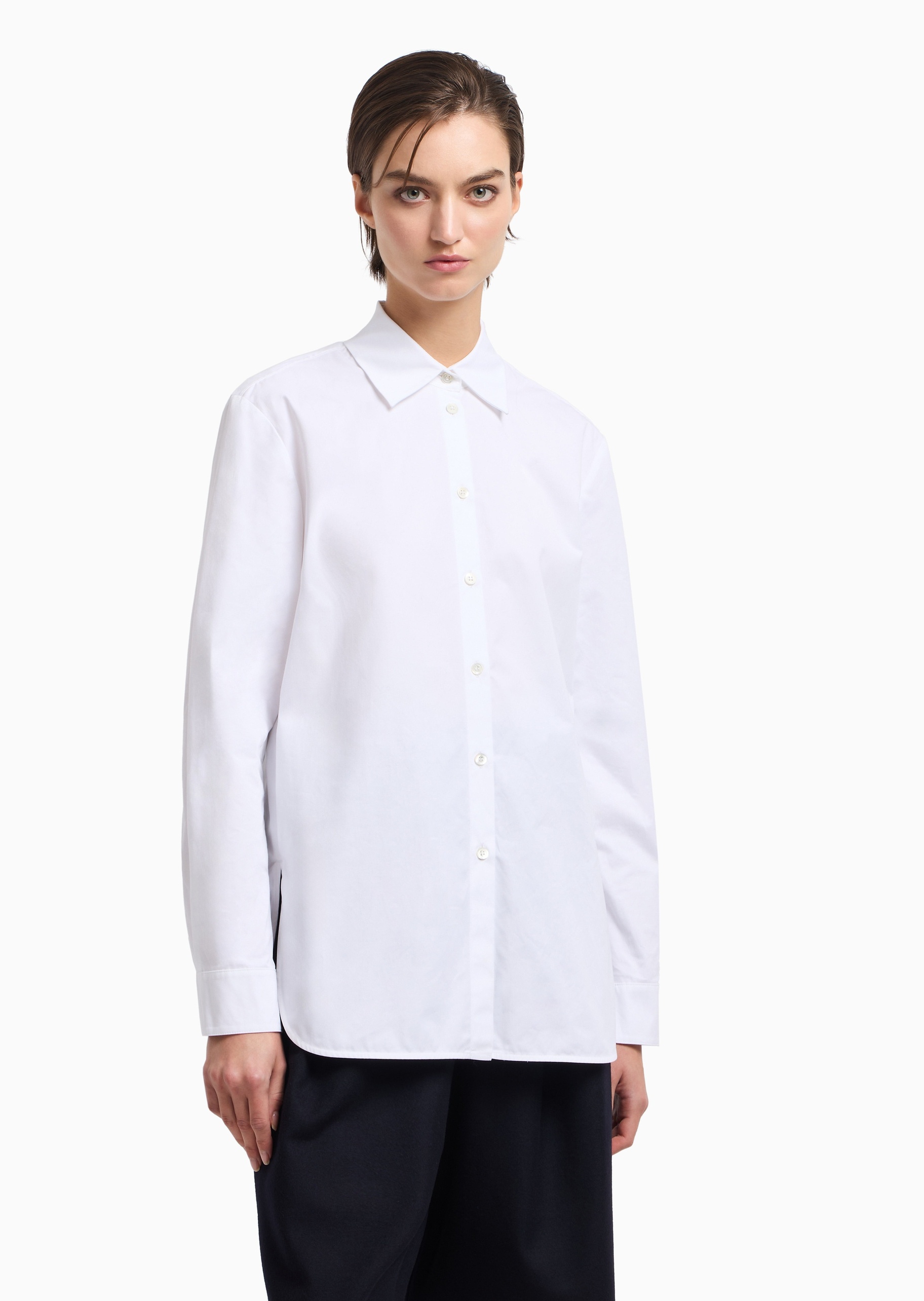 Emporio Armani 女士纯棉长袖翻领轻奢白色休闲通勤西装衬衫