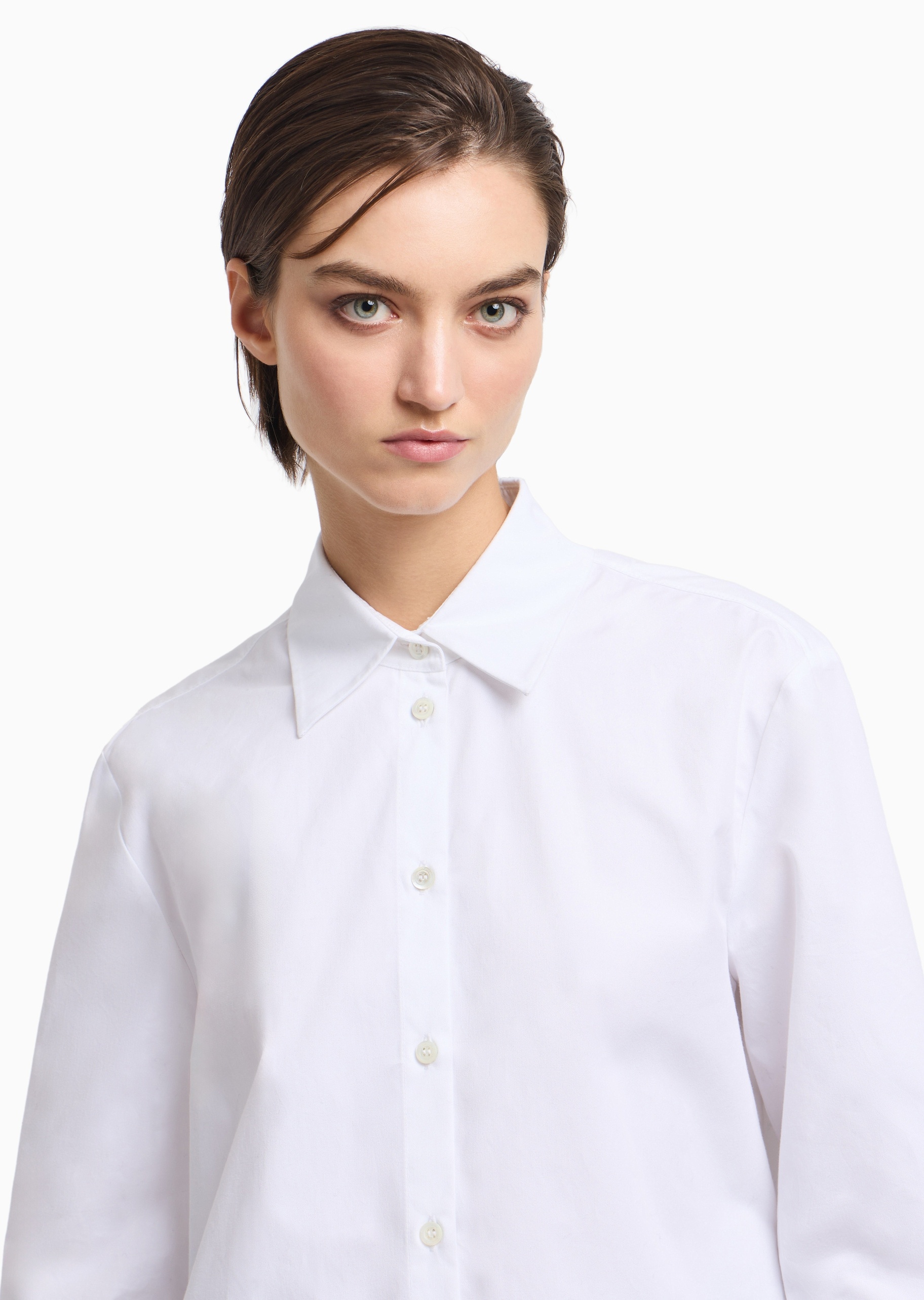 Emporio Armani 女士纯棉长袖翻领轻奢白色休闲通勤西装衬衫
