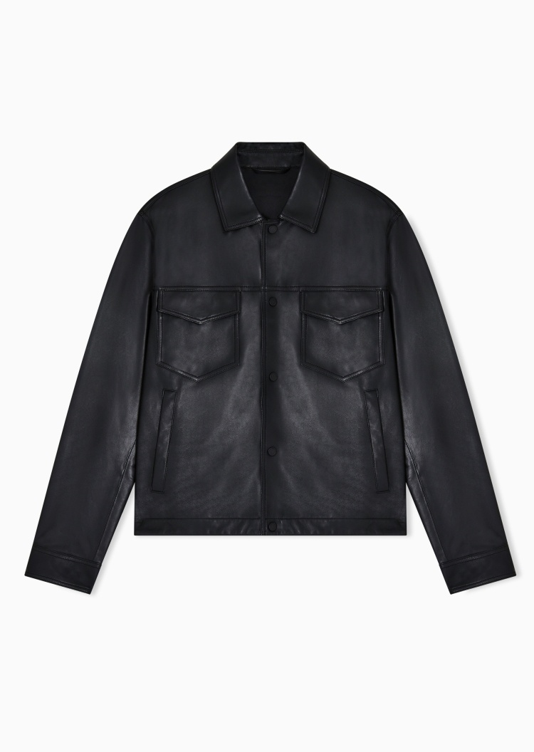 Emporio Armani 男士短款翻领机车风复古皮衣夹克外套