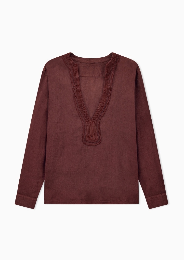 Emporio Armani 男士亚麻长袖刺绣复古休闲秀场同款衬衫