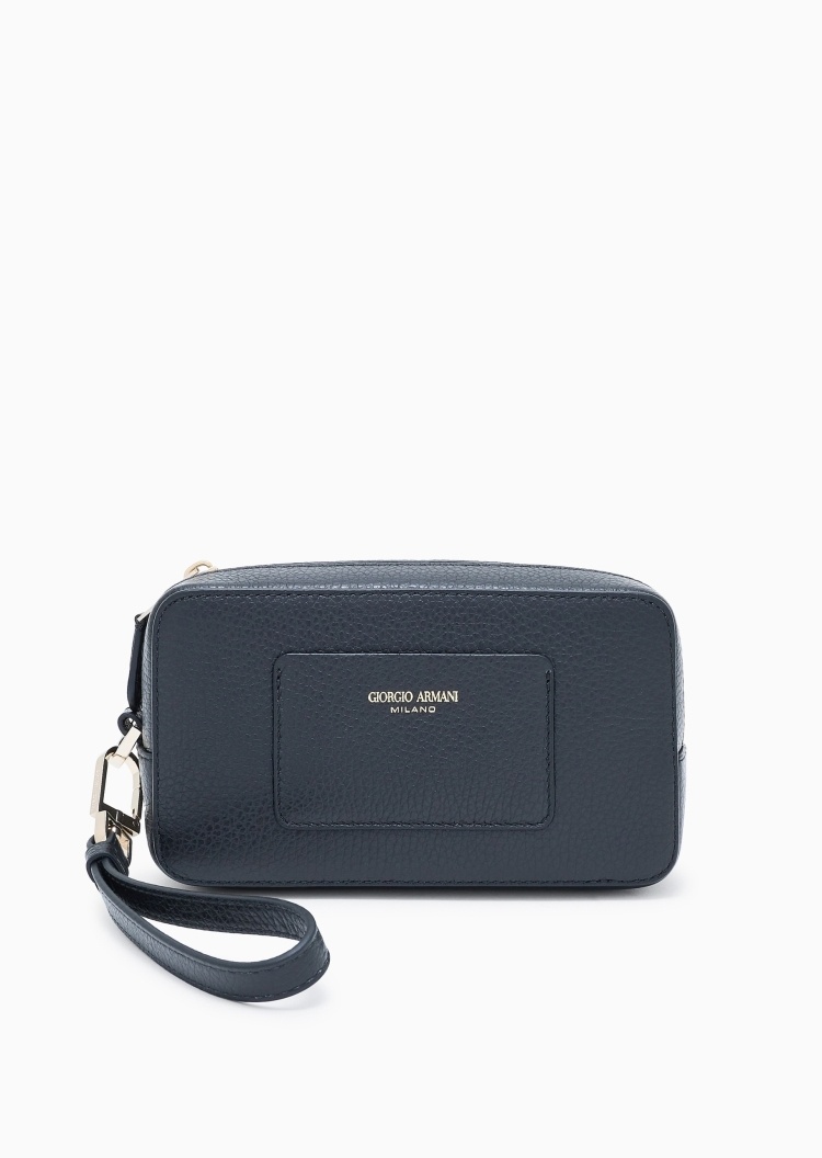 Giorgio Armani 女士牛皮革拉链可拆腕带手拿化妆袋