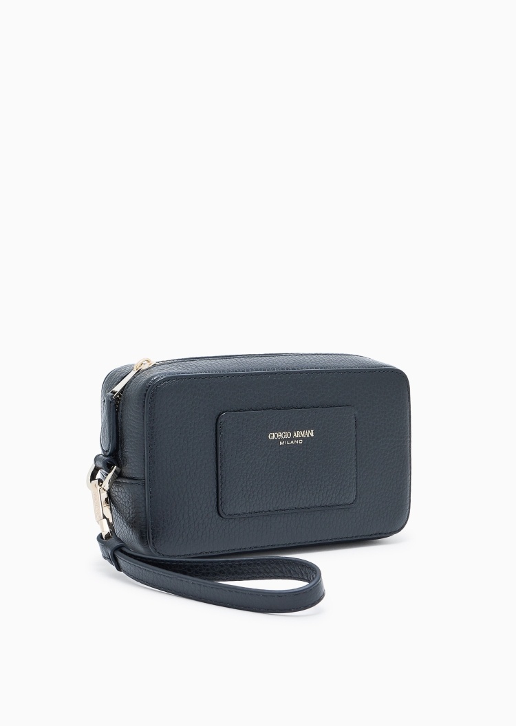 Giorgio Armani 女士牛皮革拉链可拆腕带手拿化妆袋