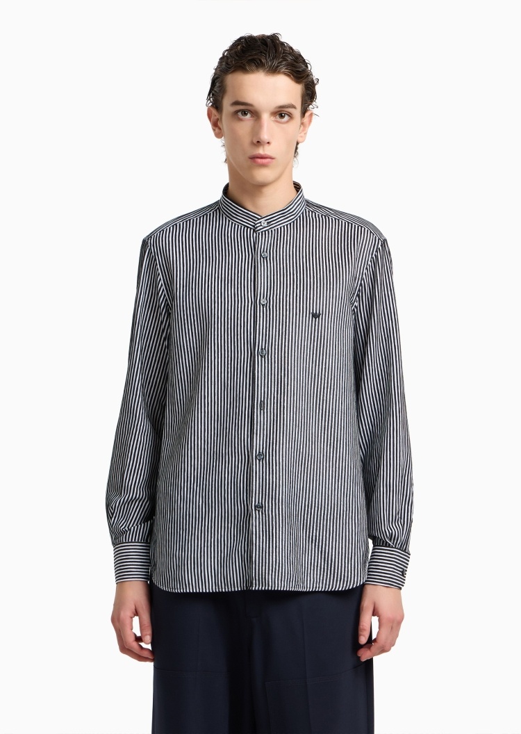 Emporio Armani 男士长袖小立领竖条纹纽扣门襟衬衫