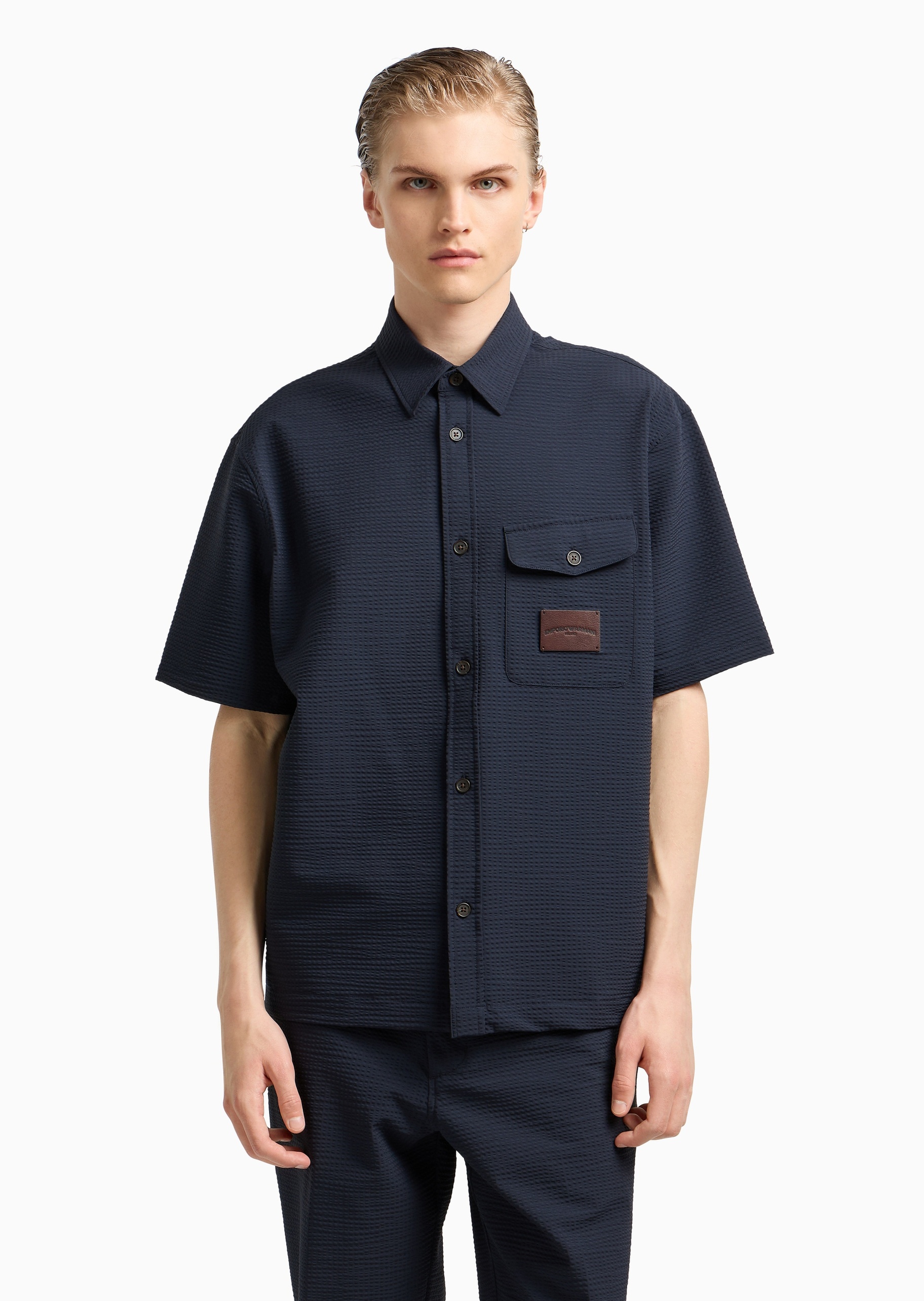 Emporio Armani 男士宽松短袖翻领泡泡纱廓形休闲衬衫