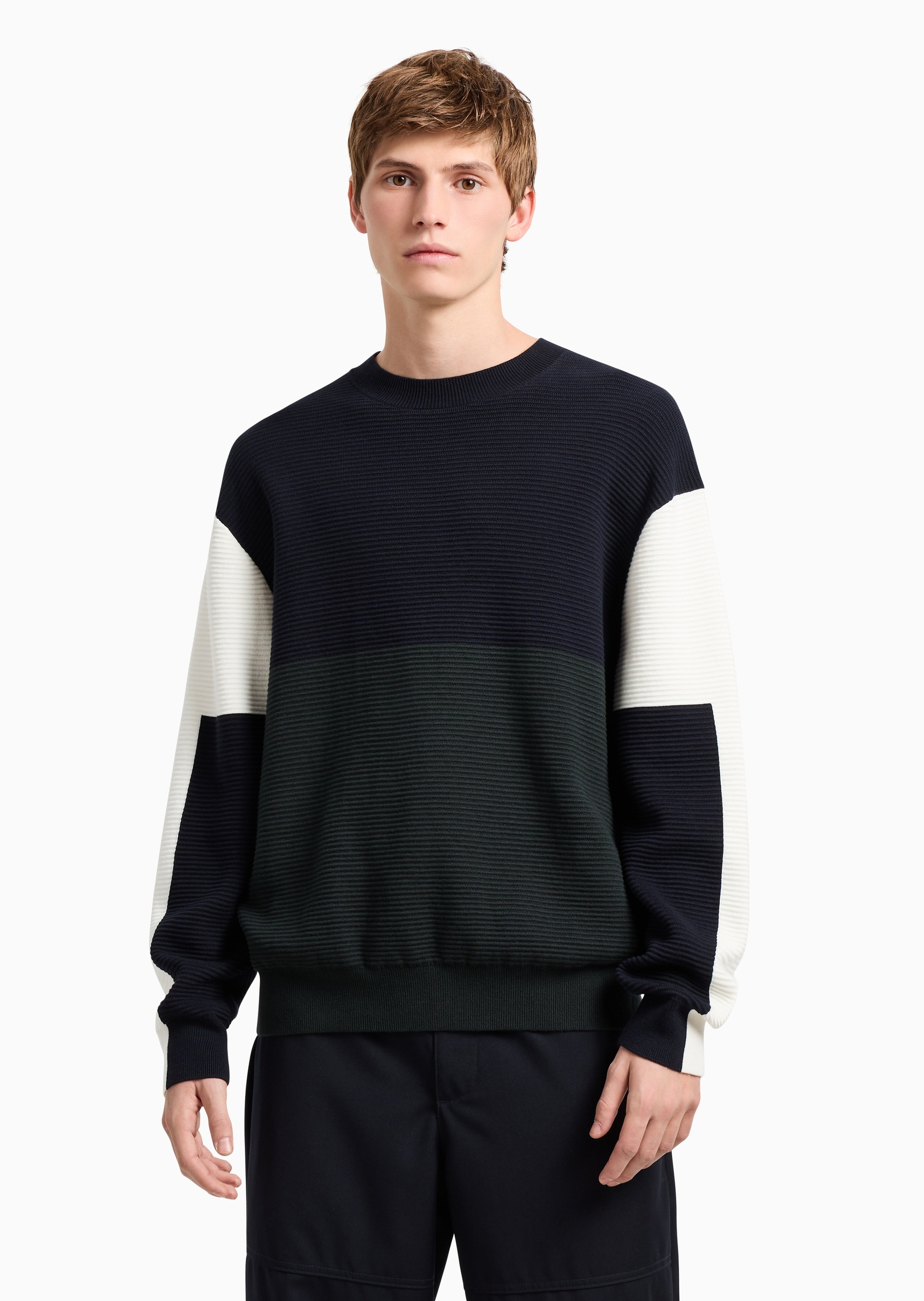 ARMANI EXCHANGE 男士全棉长袖圆领撞色拼接罗纹针织衫