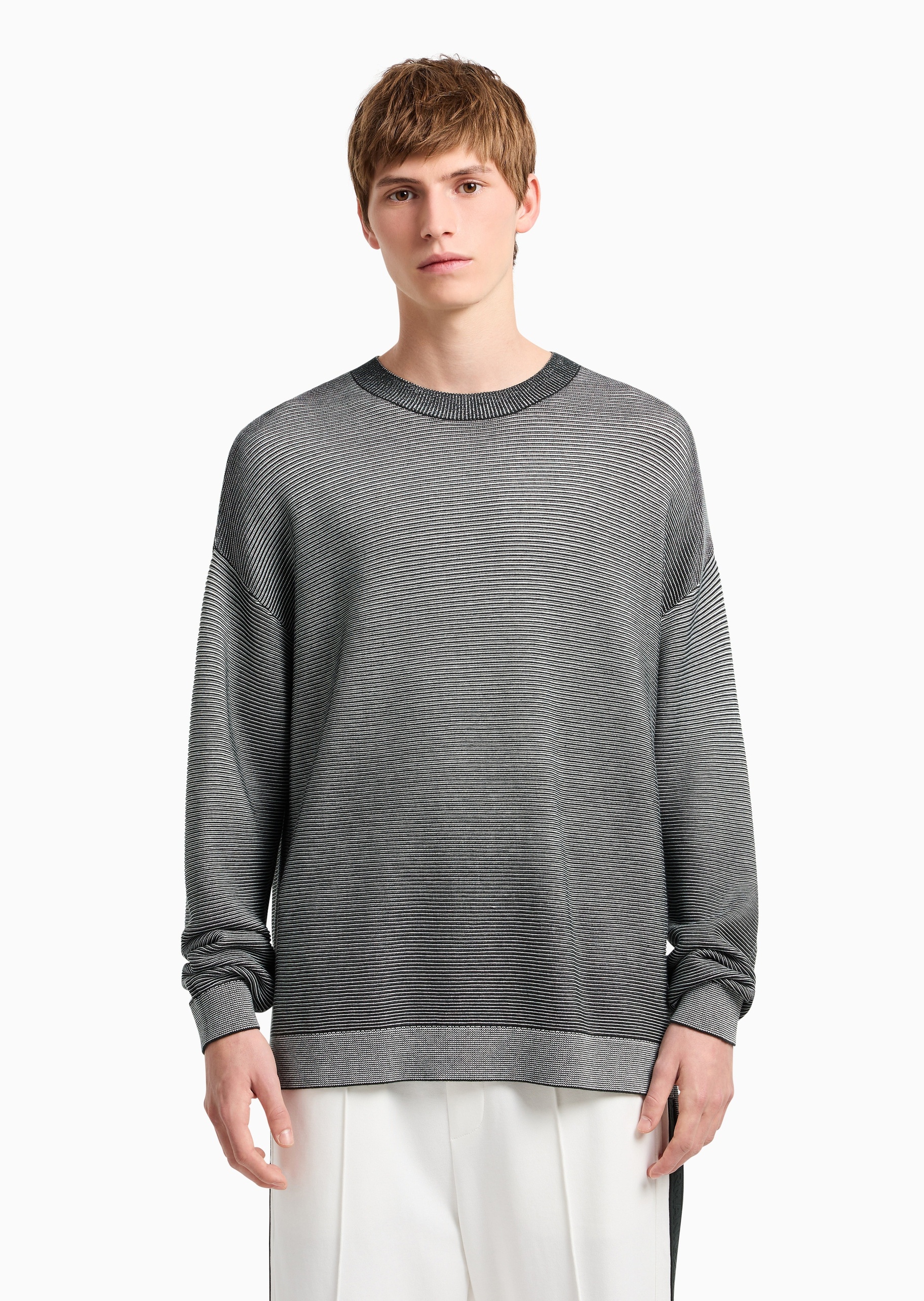 ARMANI EXCHANGE 男士全棉宽松长袖圆领落肩廓形条纹针织衫