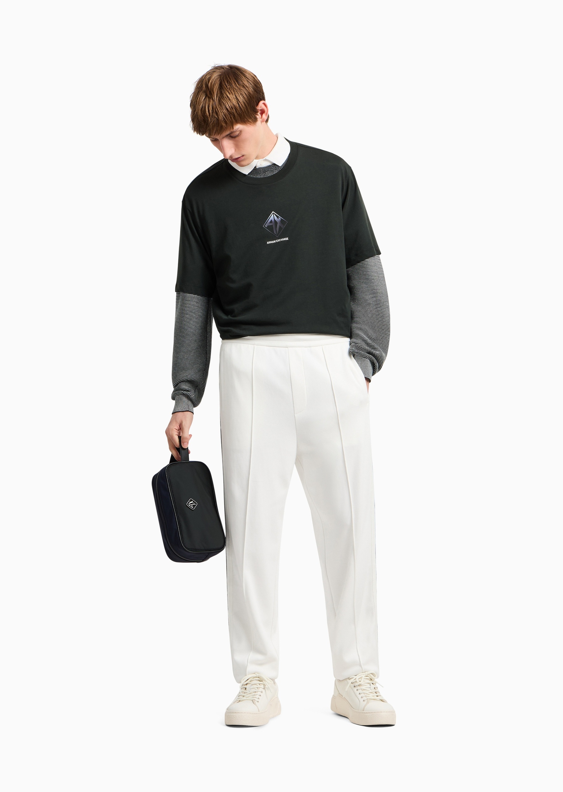 ARMANI EXCHANGE 男士全棉宽松长袖圆领落肩廓形条纹针织衫