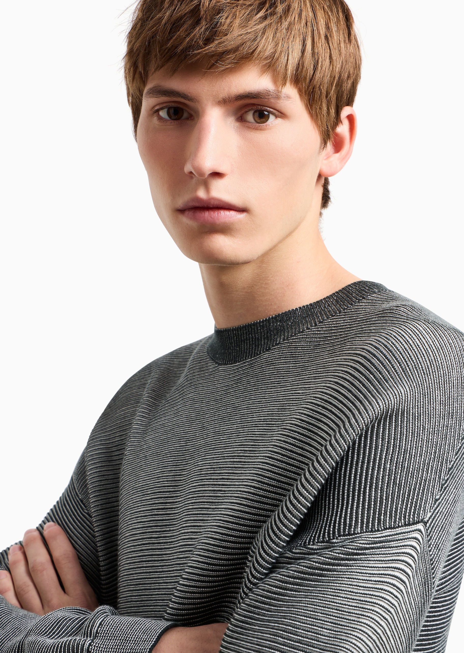ARMANI EXCHANGE 男士全棉宽松长袖圆领落肩廓形条纹针织衫