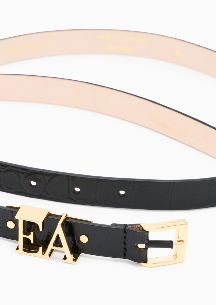 Emporio Armani 女士犊牛皮革细款镂空Logo扣头针扣腰带