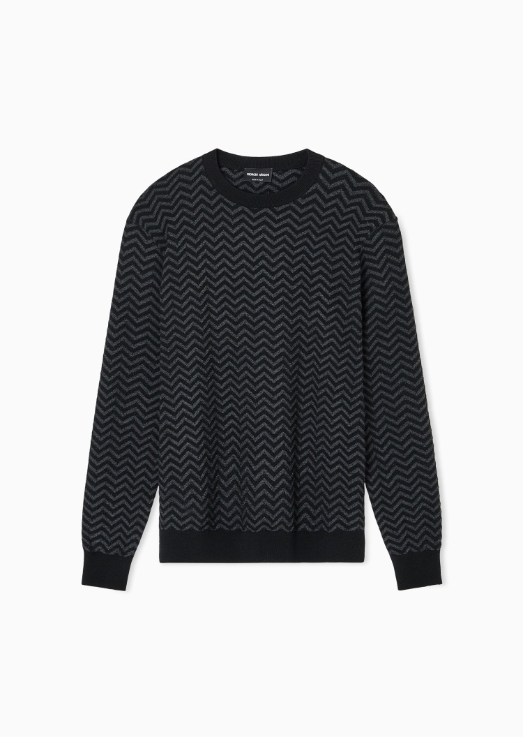 Giorgio Armani 男士圆领羊毛混纺人字纹套头针织毛衣
