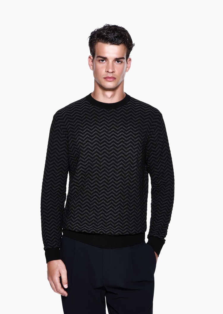 Giorgio Armani 男士圆领羊毛混纺人字纹套头针织毛衣