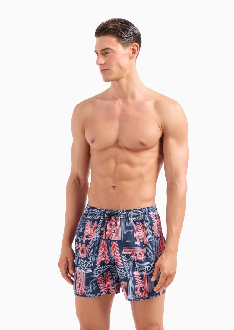 Emporio Armani 男士合身系带腰短款通体印花沙滩裤