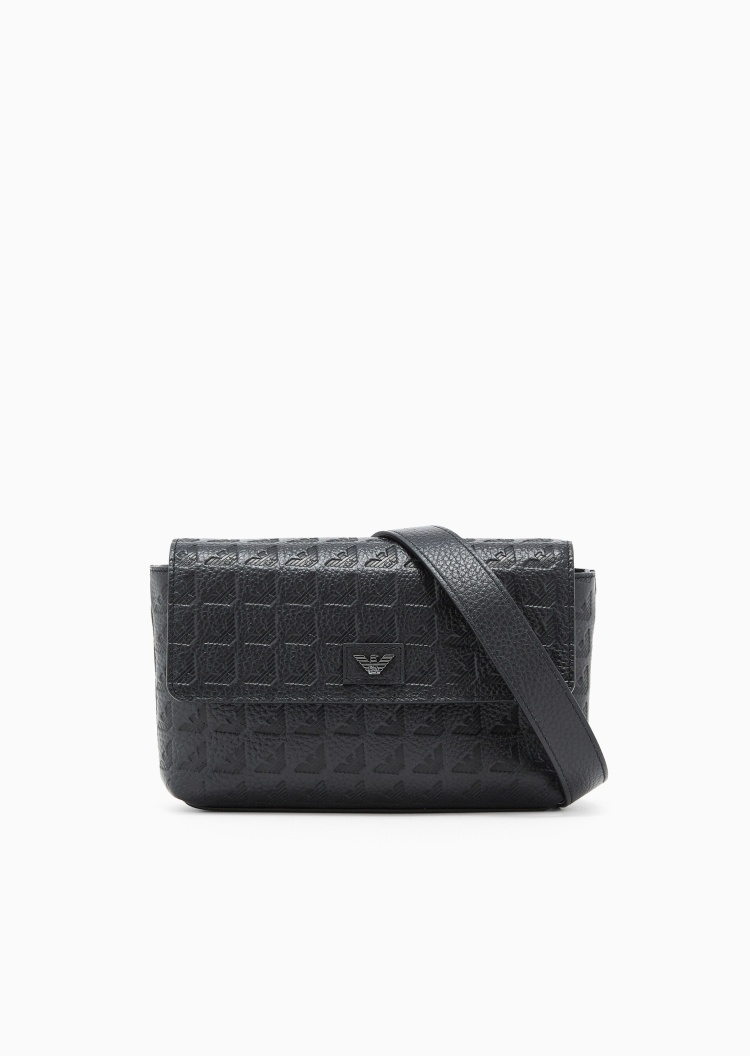 Emporio Armani 男士牛皮革翻盖通体压花单肩斜挎包