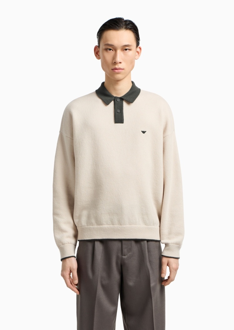 Emporio Armani 男士Polo领绵羊毛刺绣商务套头针织毛衣