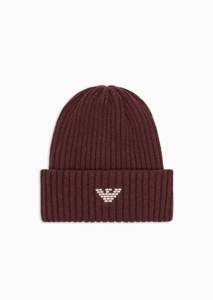 Emporio Armani 男士圆顶翻边刺绣休闲针织毛线帽