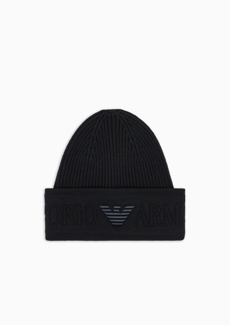 Emporio Armani 男士绵羊毛圆顶翻边休闲针织毛线帽