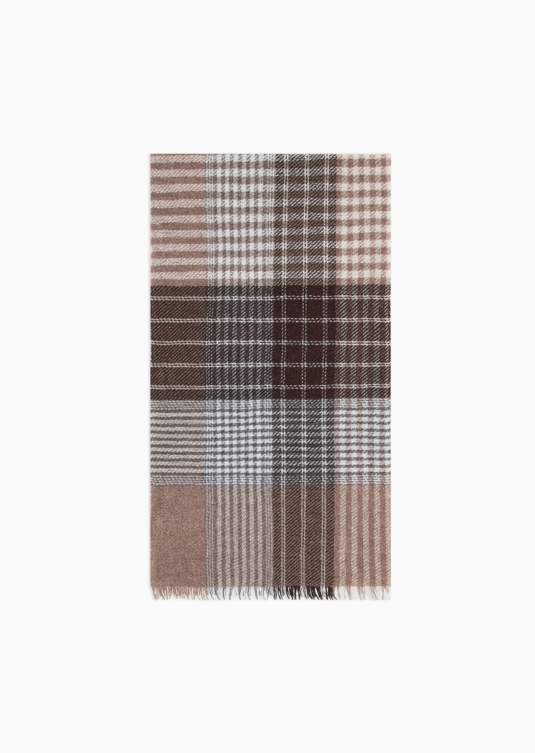 Emporio Armani 男士绵羊毛混纺撞色格纹保暖围巾