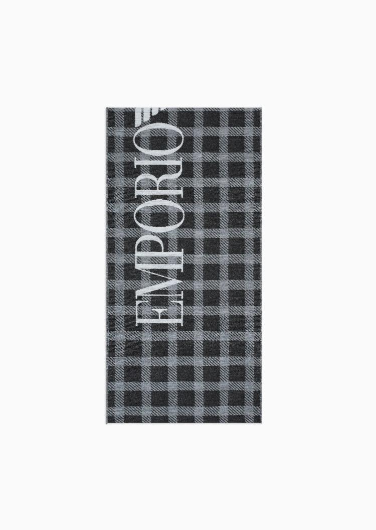 Emporio Armani 男士绵羊毛混纺撞色格纹提花围巾