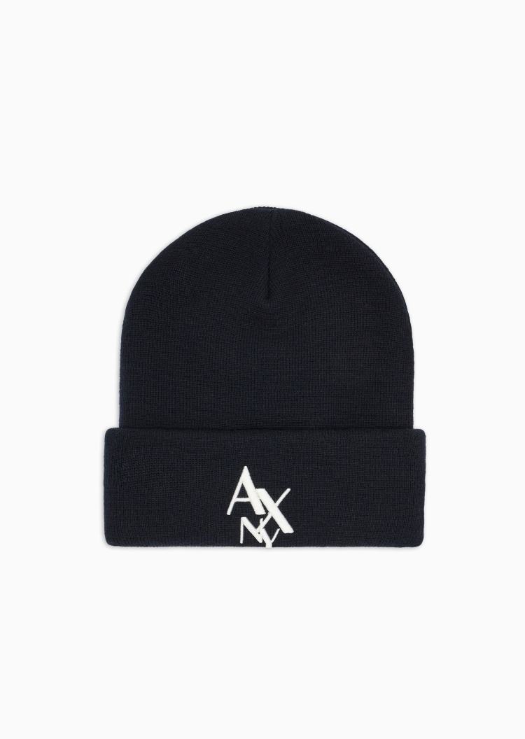 ARMANI EXCHANGE 男士圆顶翻边撞色刺绣标识针织帽