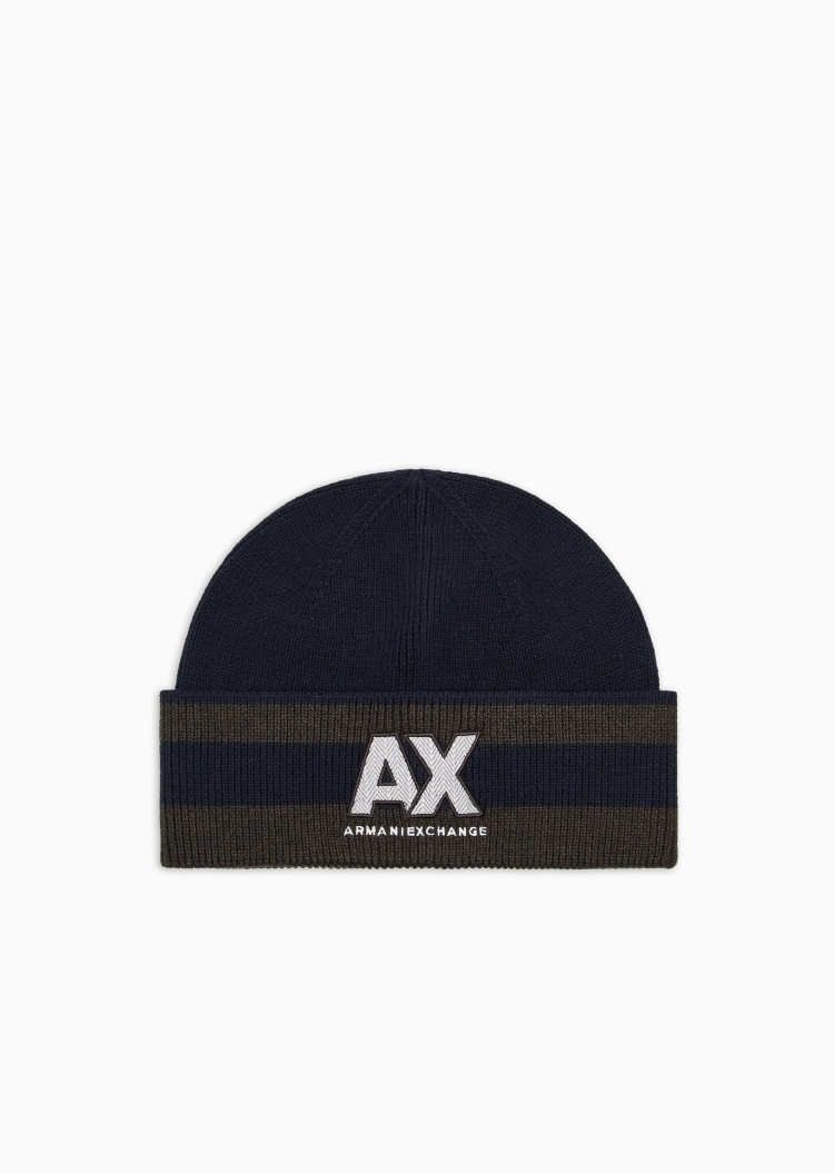 ARMANI EXCHANGE 男士绵羊毛圆顶翻边撞色条纹刺绣针织帽