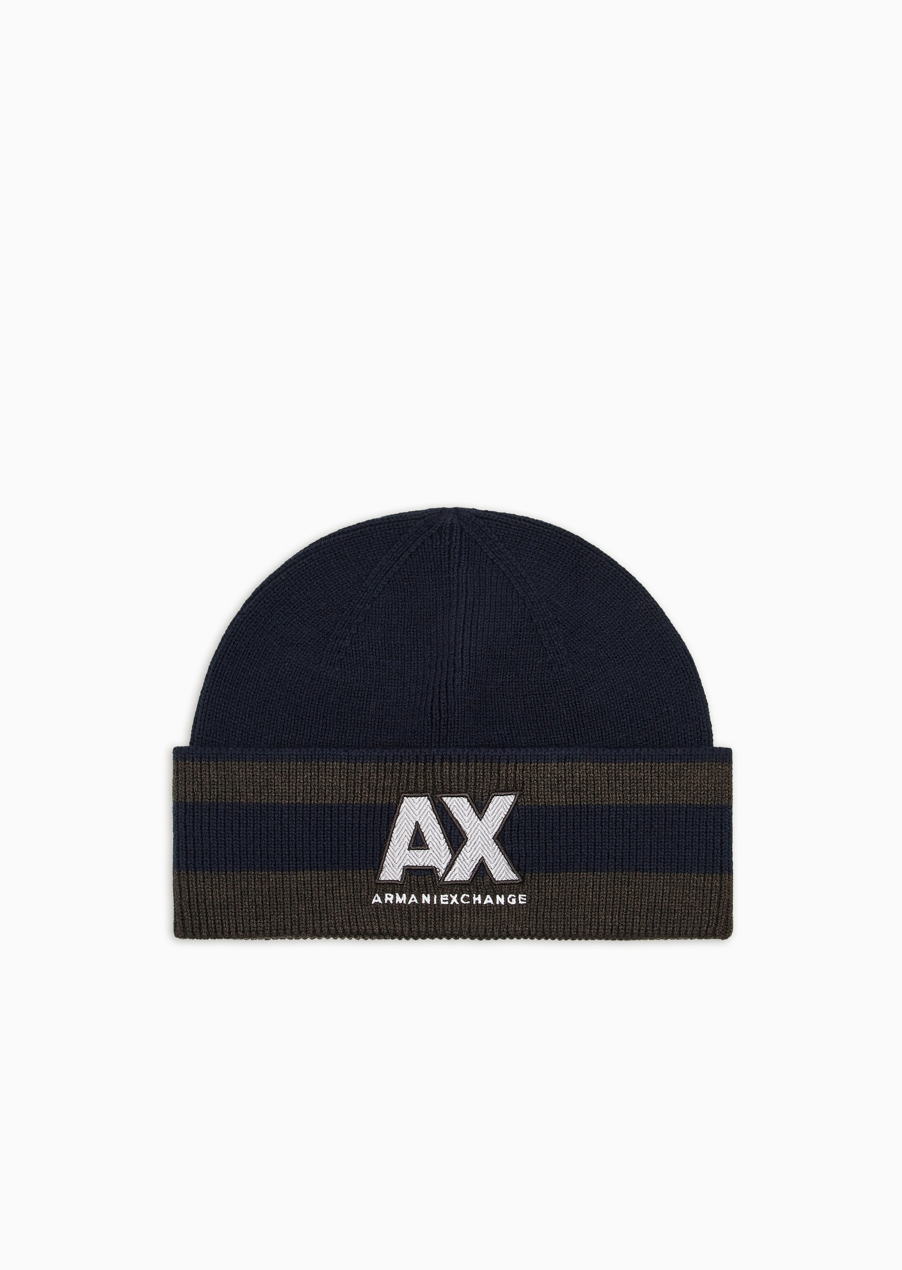 ARMANI EXCHANGE 男士绵羊毛圆顶翻边撞色条纹刺绣针织帽