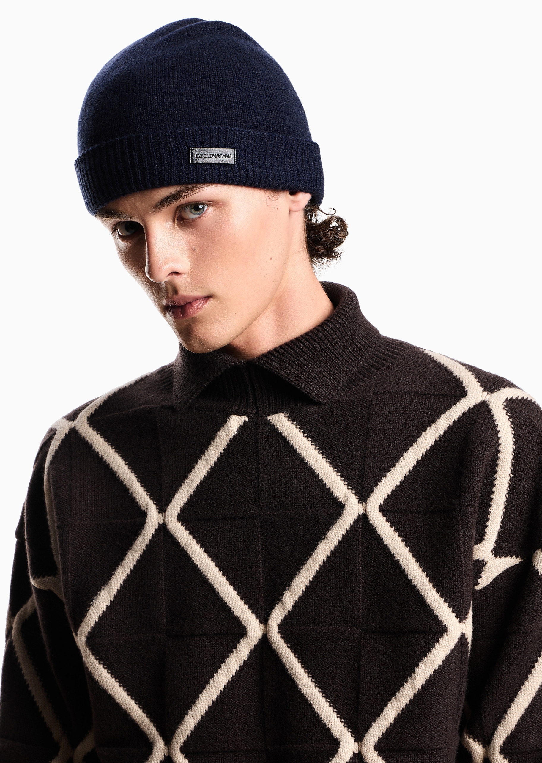 Emporio Armani 男士山羊绒圆顶标识贴片休闲针织毛线帽