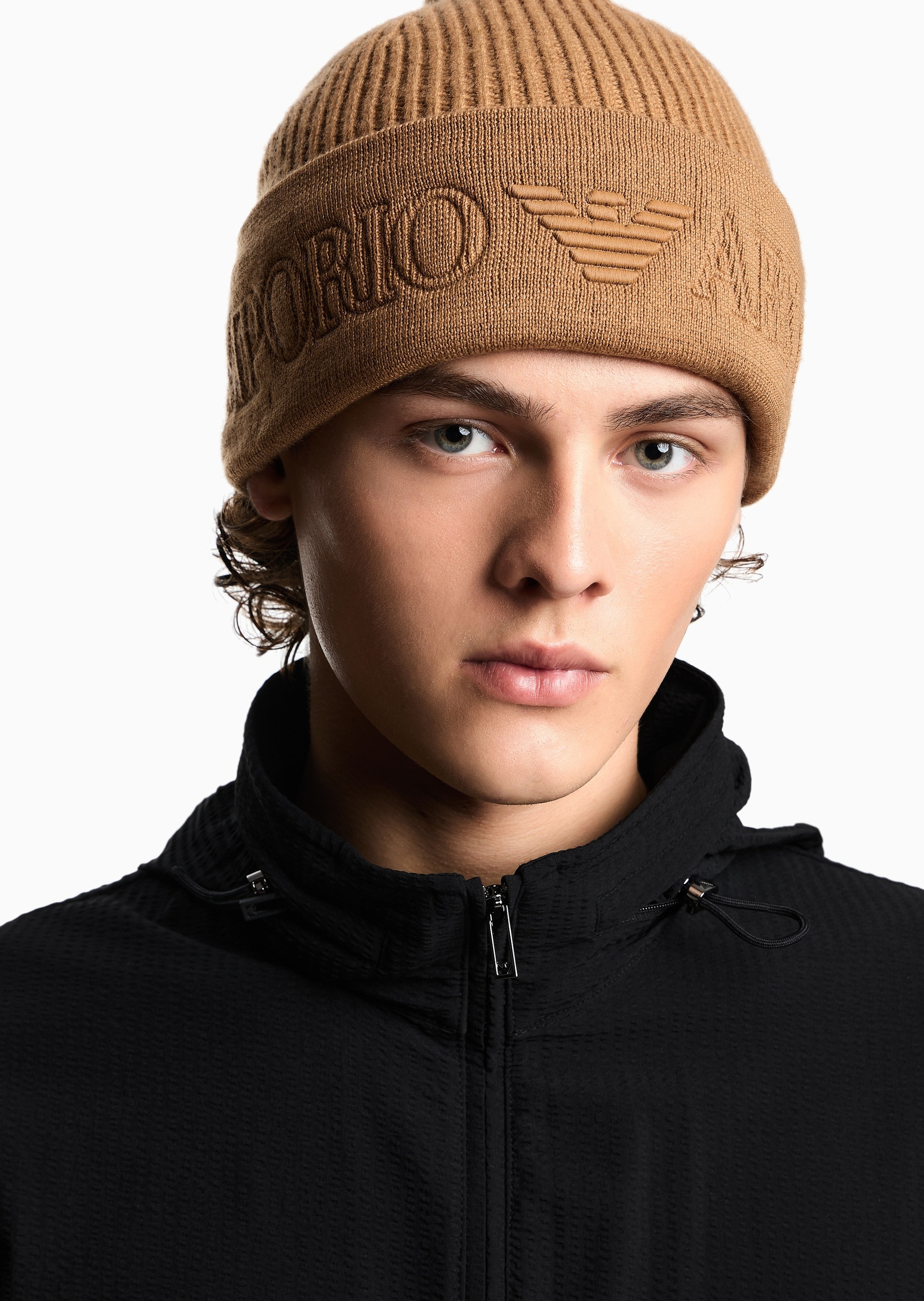 Emporio Armani 男士绵羊毛圆顶翻边休闲针织毛线帽