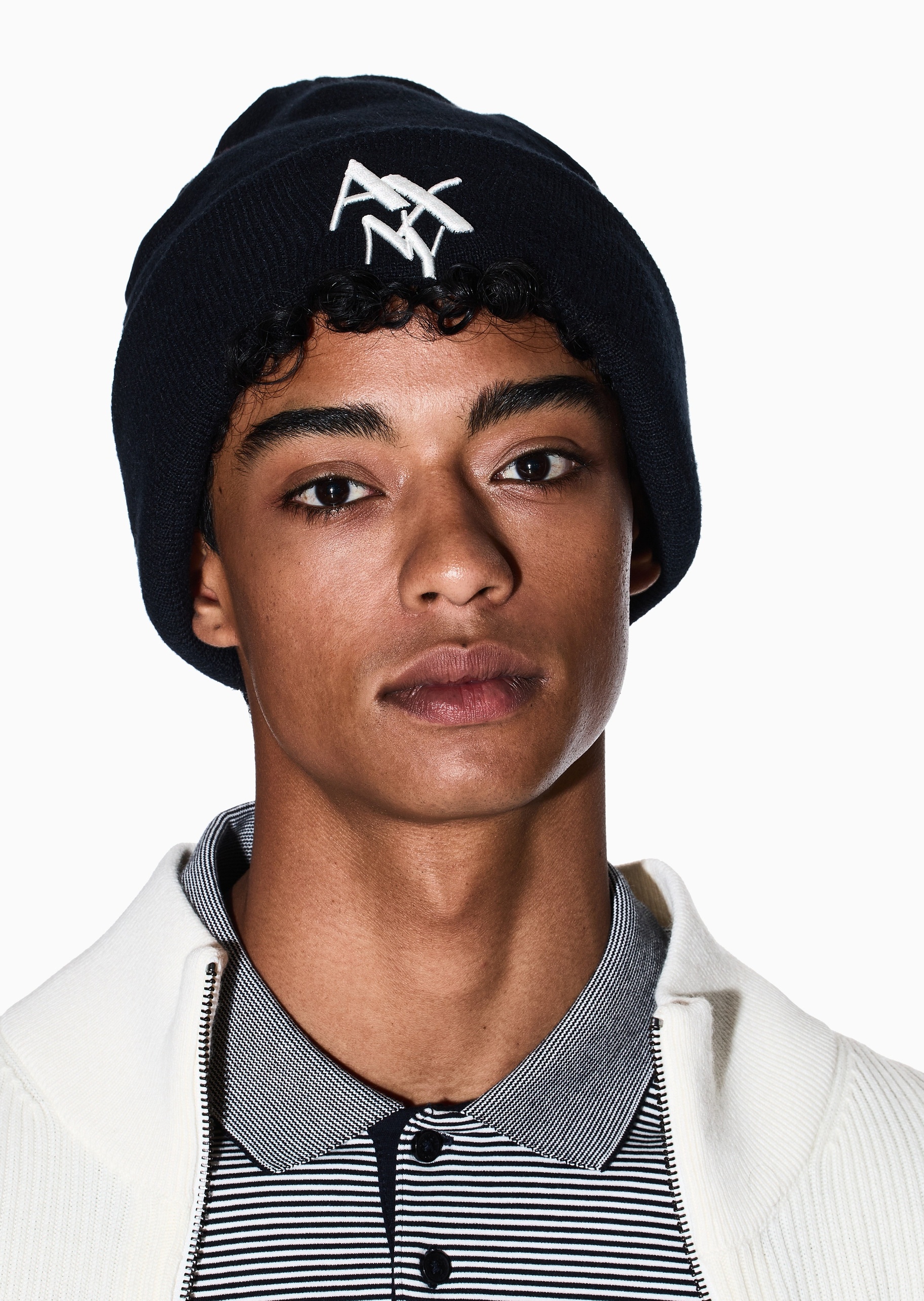 ARMANI EXCHANGE 男士圆顶翻边撞色刺绣标识针织帽