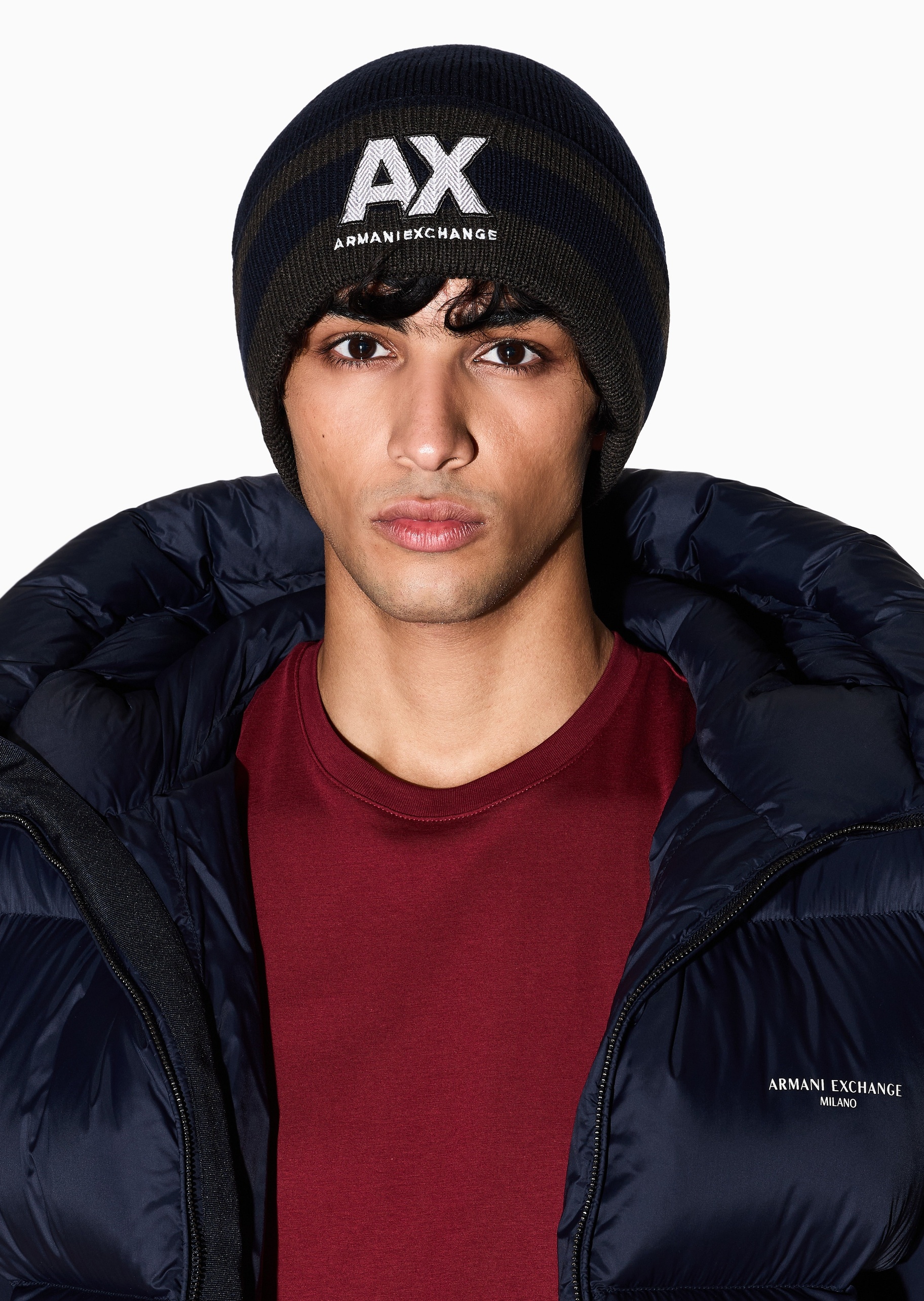 ARMANI EXCHANGE 男士绵羊毛圆顶翻边撞色条纹刺绣针织帽