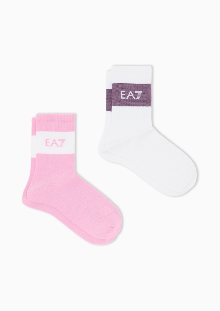 EA7 女士两双装撞色提花耐穿运动中筒袜子套装