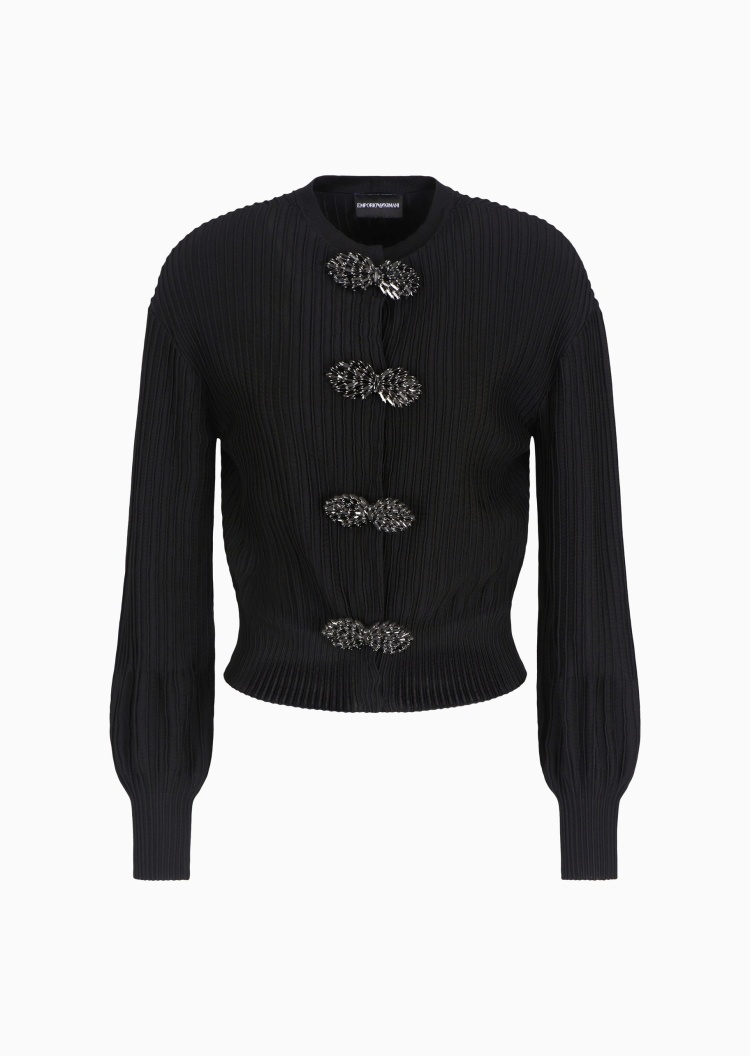 Emporio Armani 女士灯笼袖短款珠宝缀饰楼梯布针织开衫