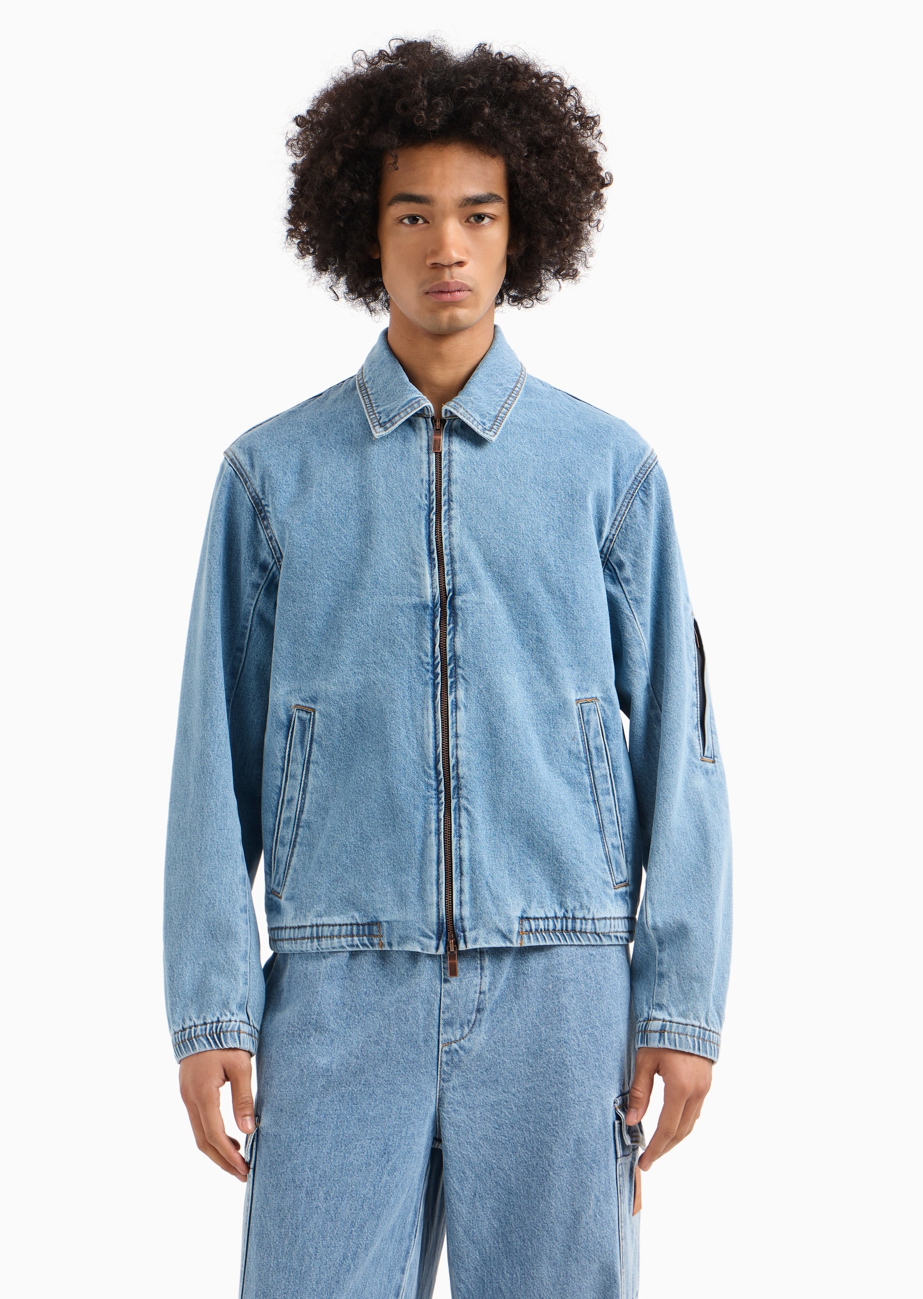 ARMANI EXCHANGE 男士全棉短款衬衫领拉链牛仔夹克