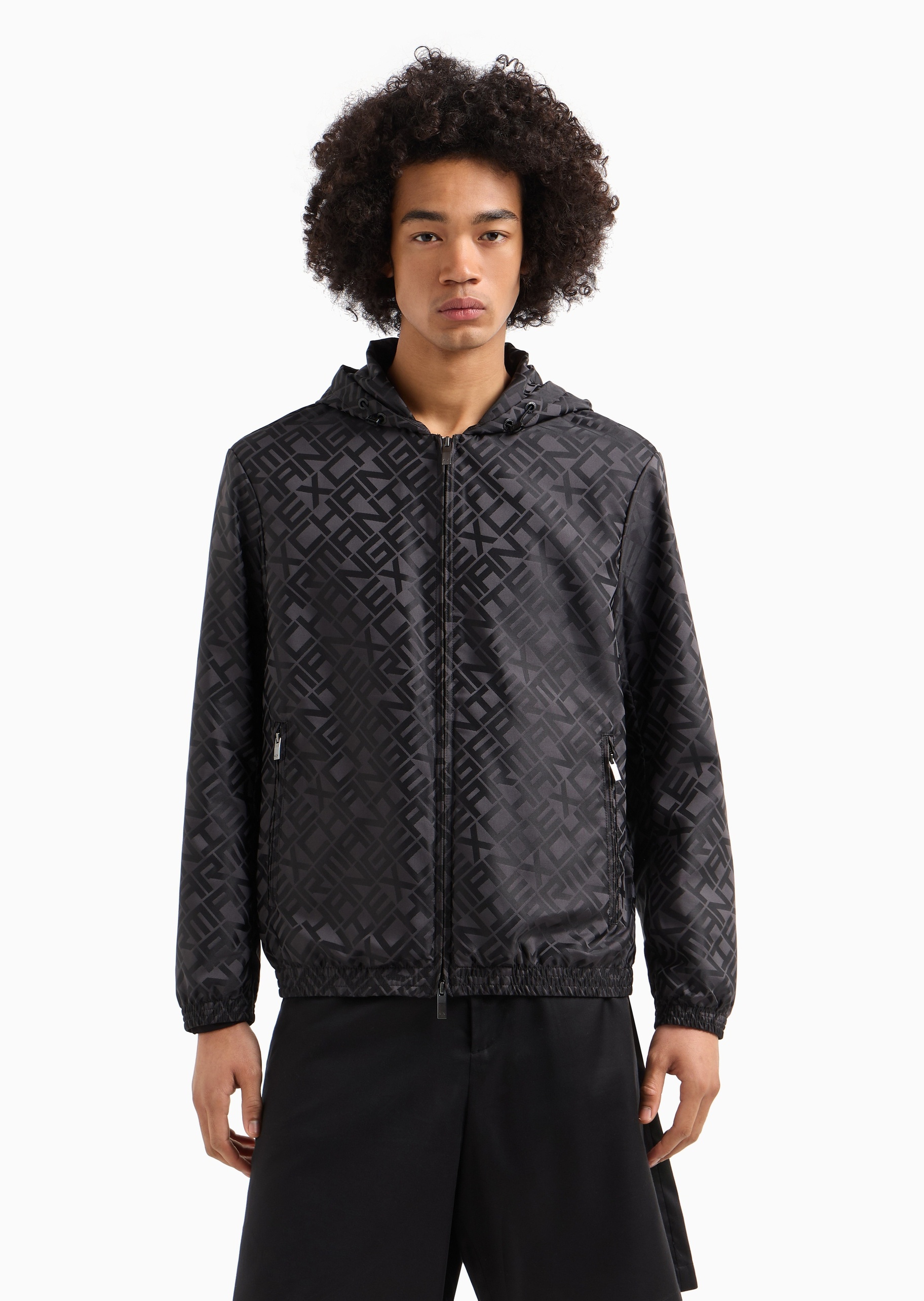 ARMANI EXCHANGE 男士合身长袖连帽满印LOGO夹克