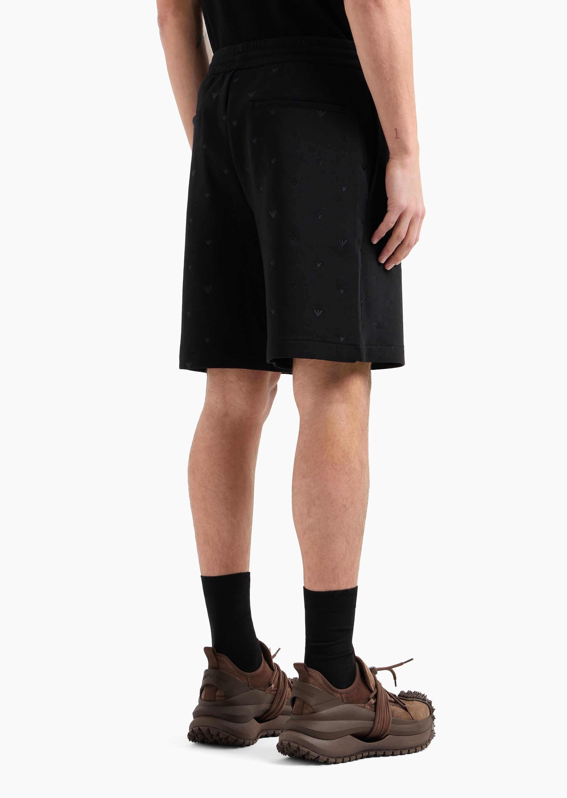 Emporio Armani 男士松紧系带直筒通体鹰标刺绣短裤