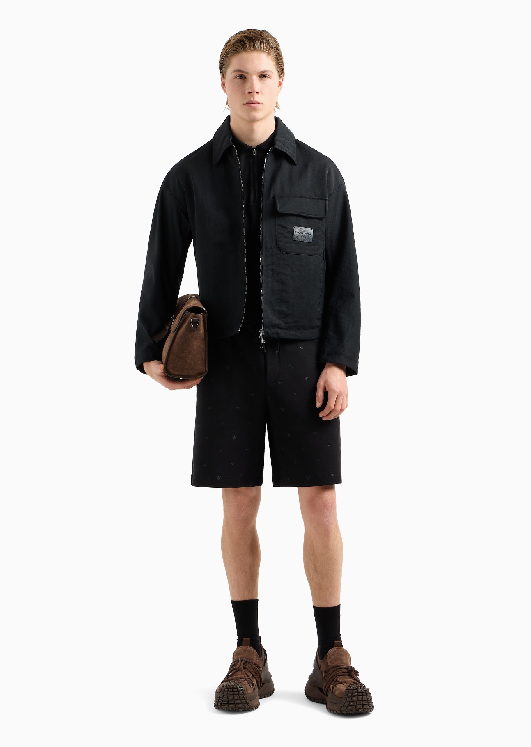 Emporio Armani 男士松紧系带直筒通体鹰标刺绣短裤