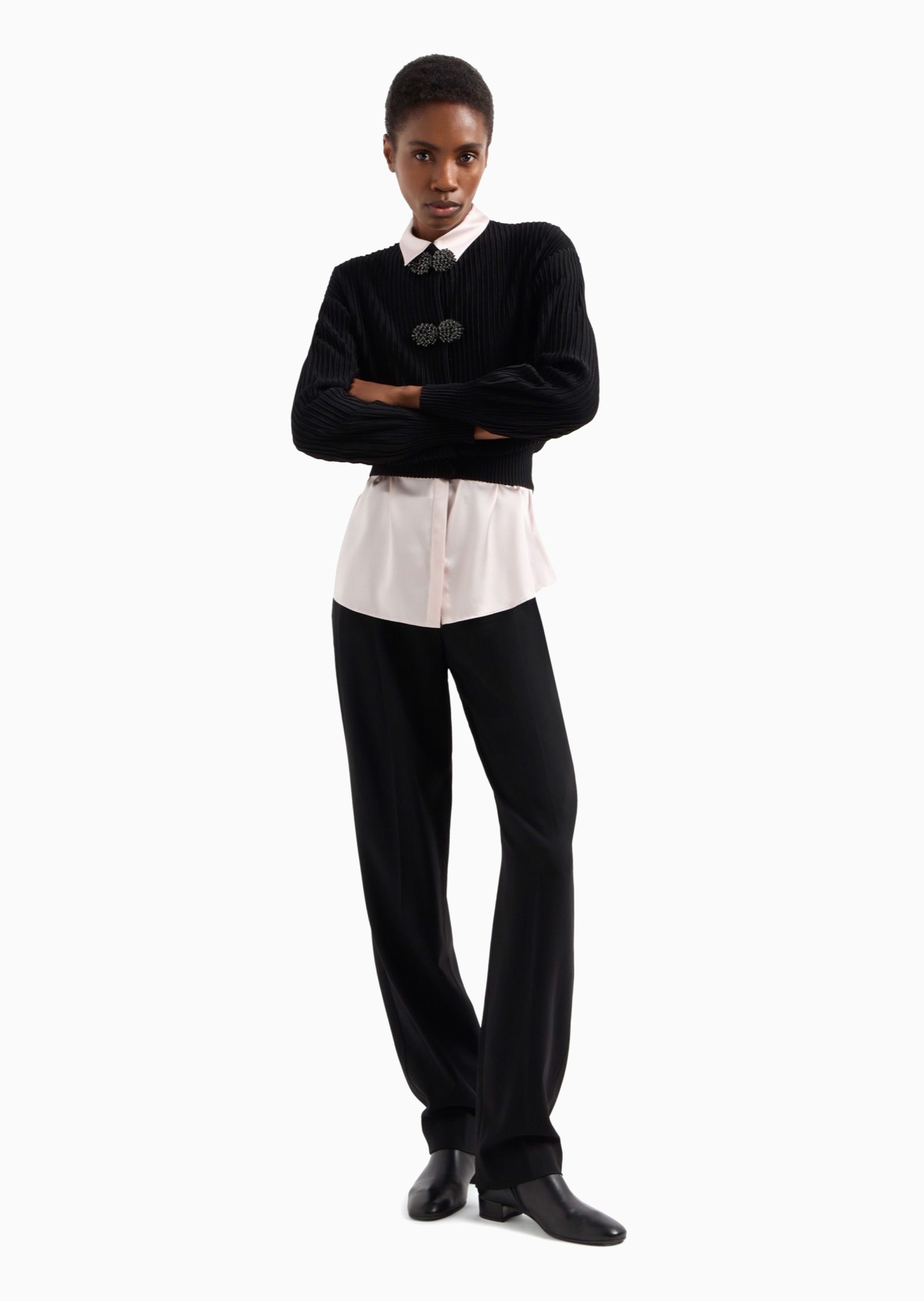 Emporio Armani 女士灯笼袖短款珠宝缀饰楼梯布针织开衫