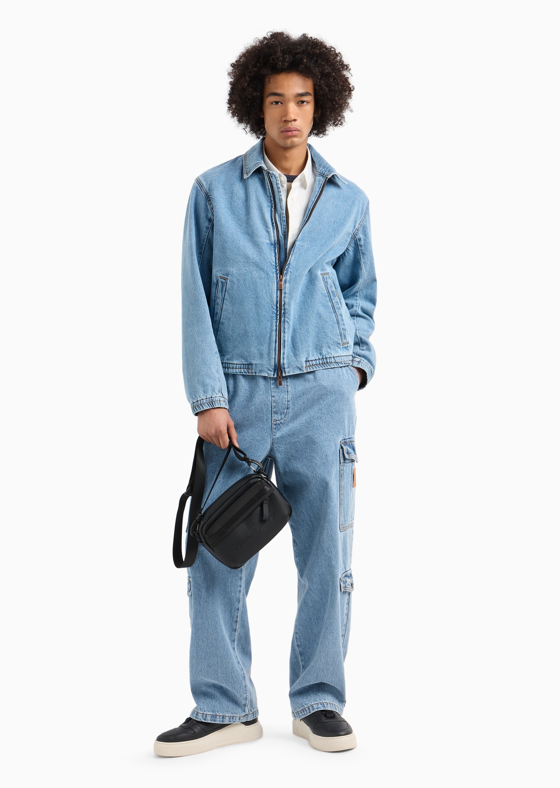 ARMANI EXCHANGE 男士全棉短款衬衫领拉链牛仔夹克