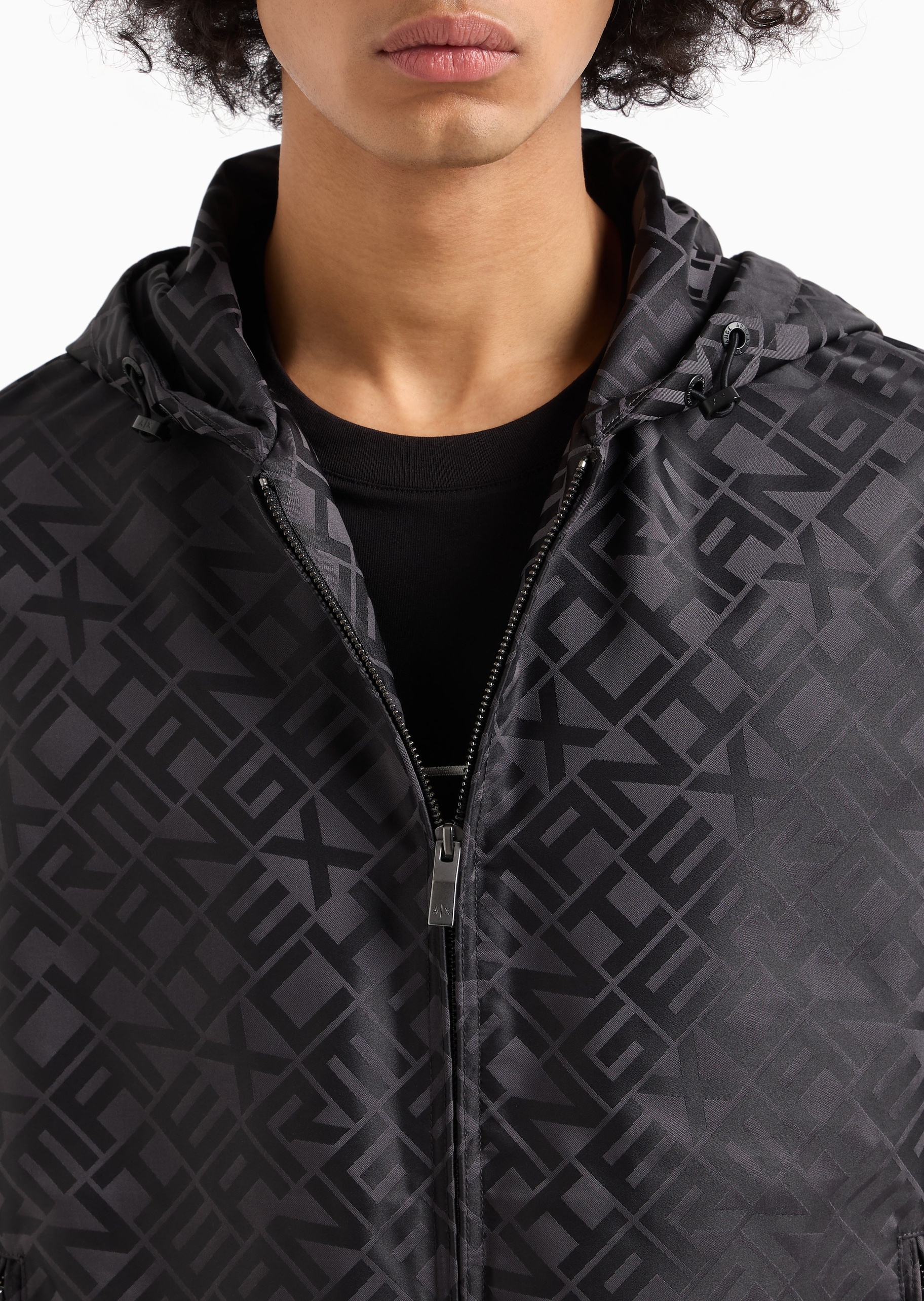 ARMANI EXCHANGE 男士合身长袖连帽满印LOGO夹克