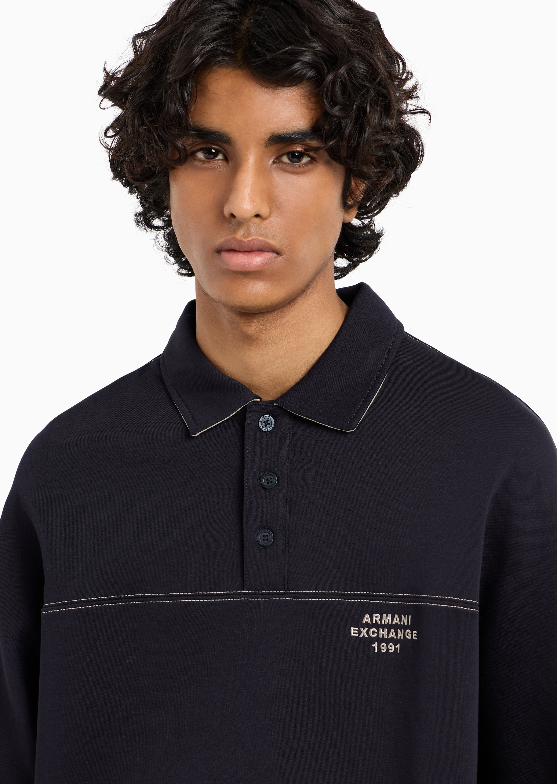ARMANI EXCHANGE 男士棉质微弹宽松长袖衬衫领半开襟卫衣