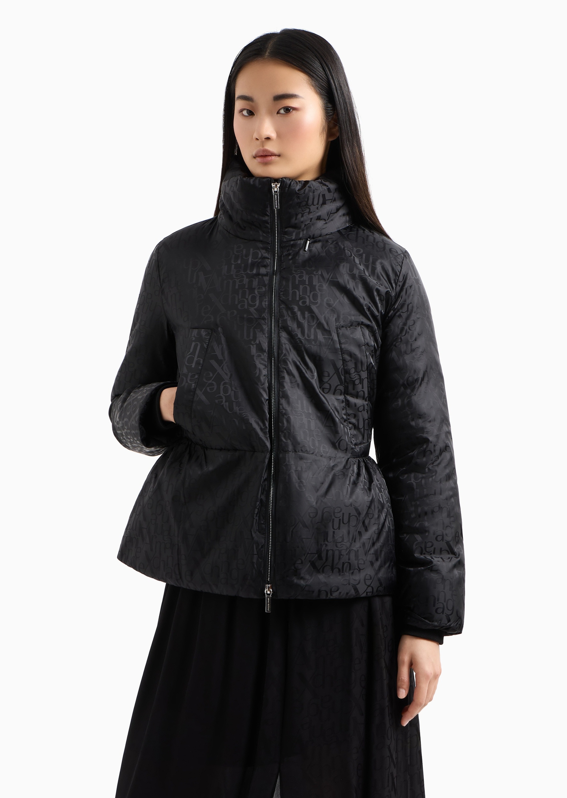 ARMANI EXCHANGE 女士合身短款立领满印LOGO棉服外套