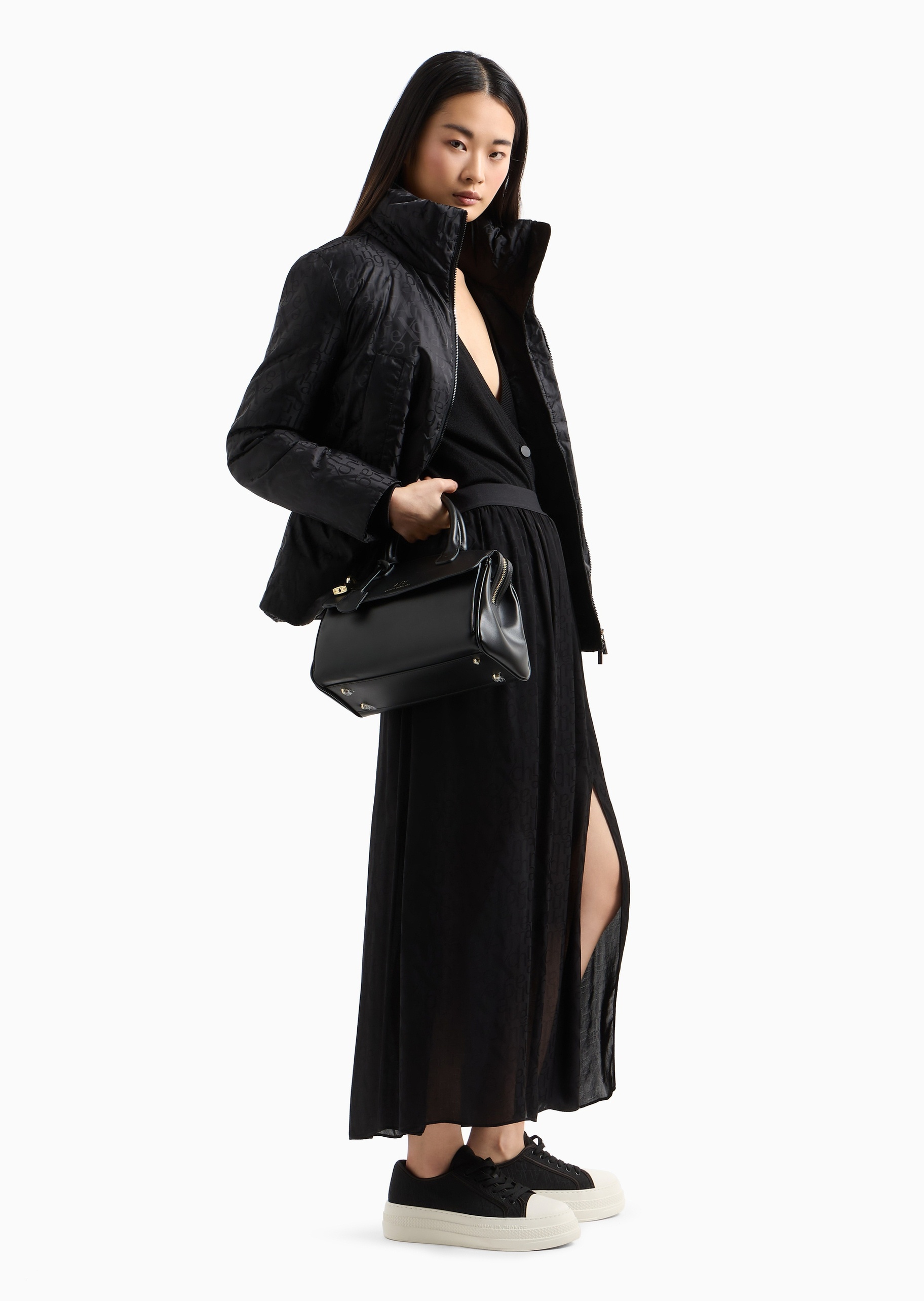 ARMANI EXCHANGE 女士合身短款立领满印LOGO棉服外套