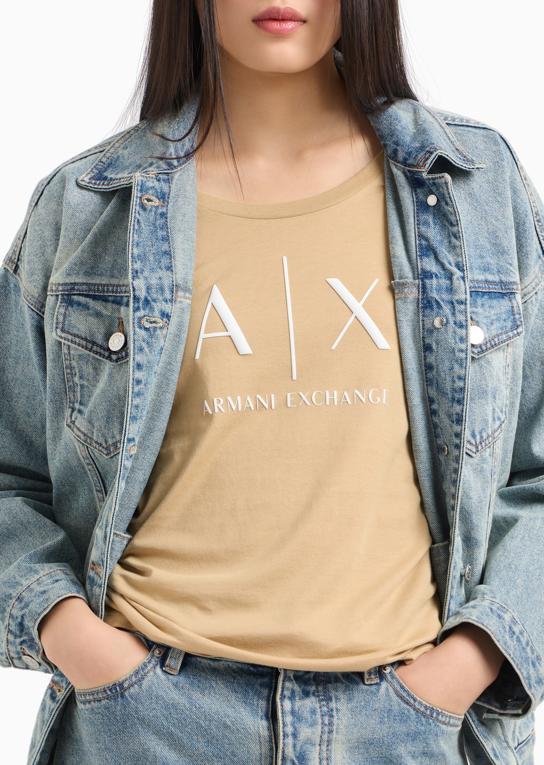 ARMANI EXCHANGE 女士全棉长袖衬衫领落肩水洗牛仔夹克