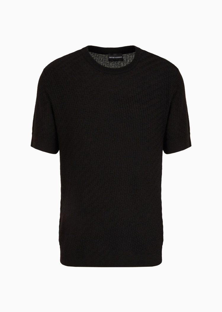 Emporio Armani 男士绵羊毛合身短袖圆领人字纹针织衫