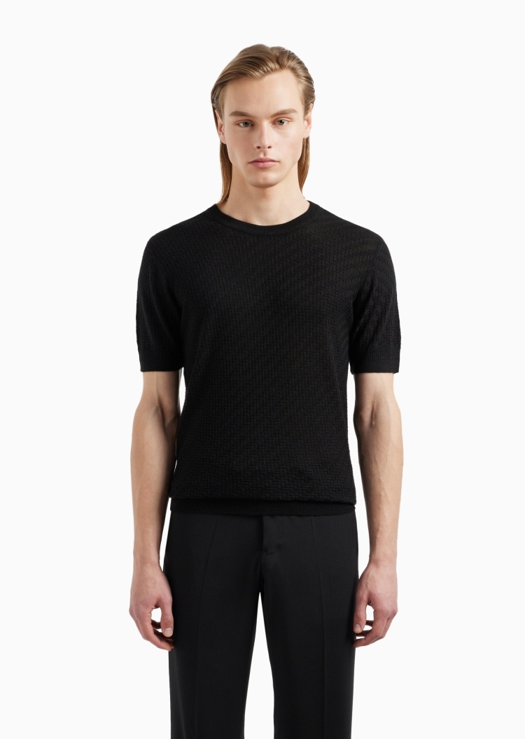 Emporio Armani 男士绵羊毛合身短袖圆领人字纹针织衫