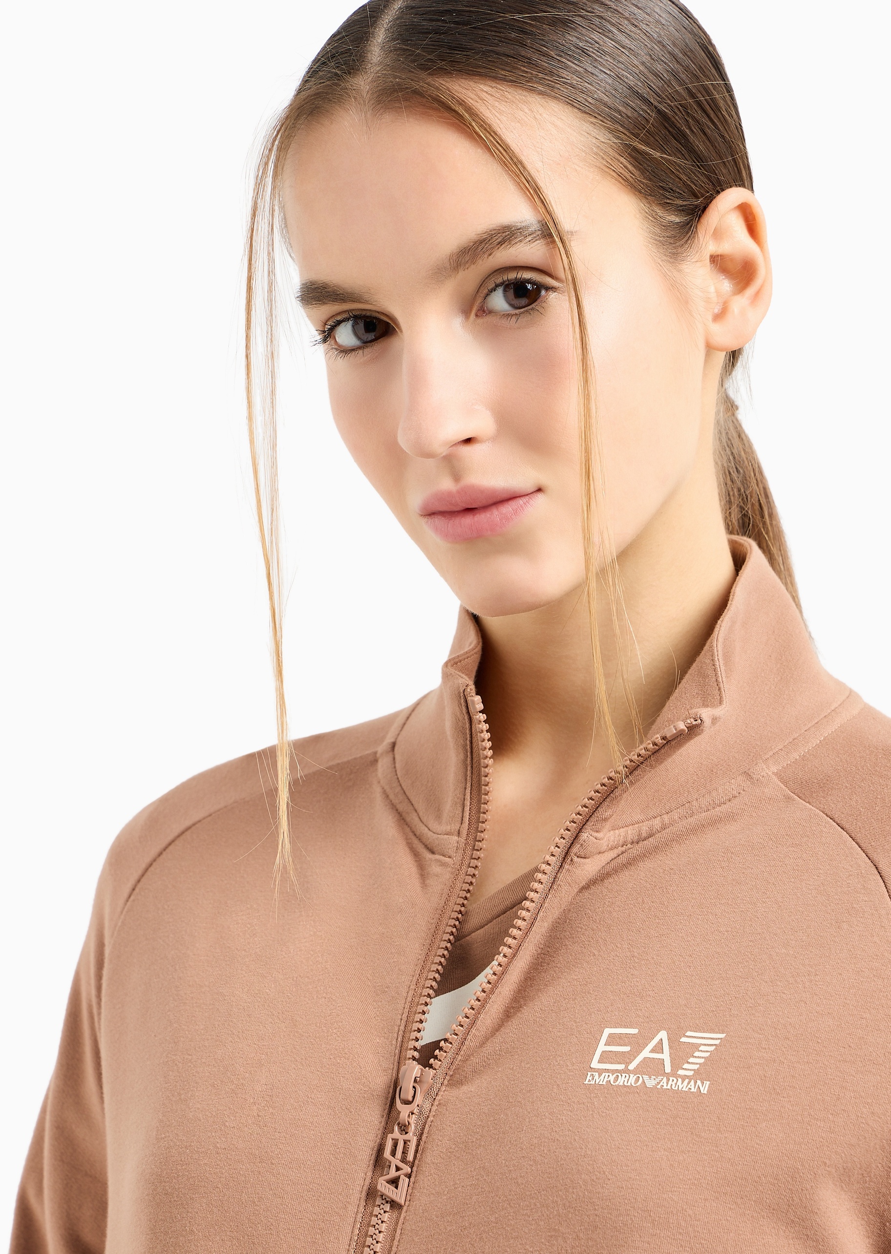 EA7 女士纯棉立领开衫束脚长裤健身训练运动套装
