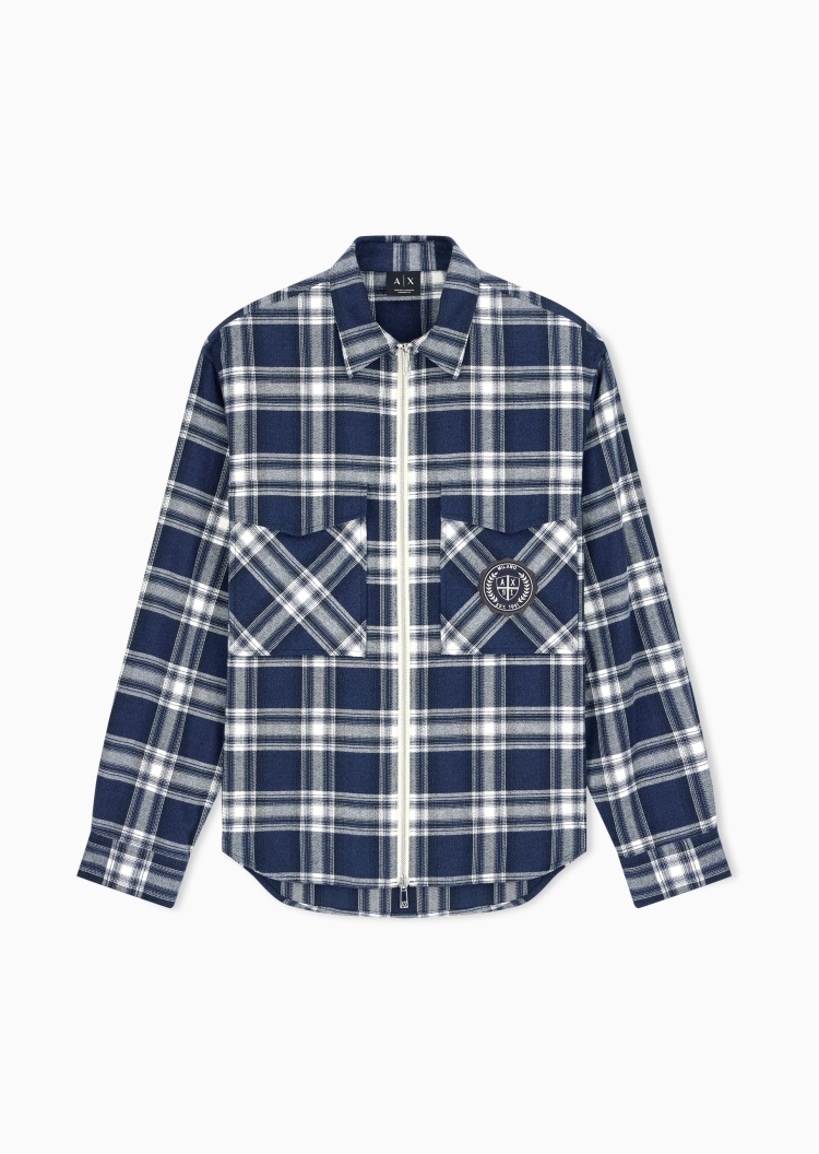 ARMANI EXCHANGE 男士纯棉长袖翻领格纹刺绣外套式衬衫