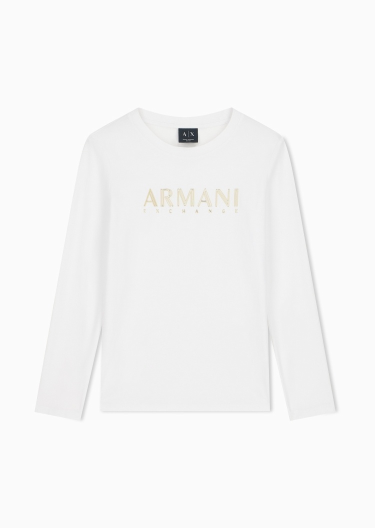 ARMANI EXCHANGE 女士纯棉修身长袖圆领镂空字母标识T恤